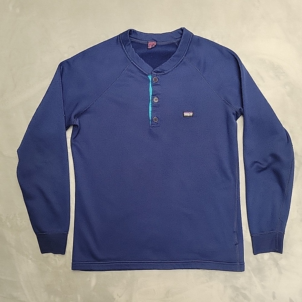 VTG Patagonia Capilene Henley Shirt Mens Medium Blue Gorpcore Fleece Made In USA